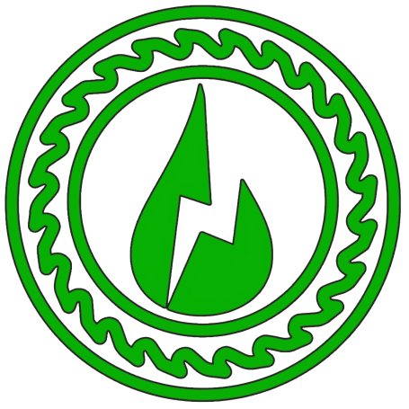 PMR logo Green stylised drip of water and lightning bolt inside, enclosed in a circular saw patterned border.